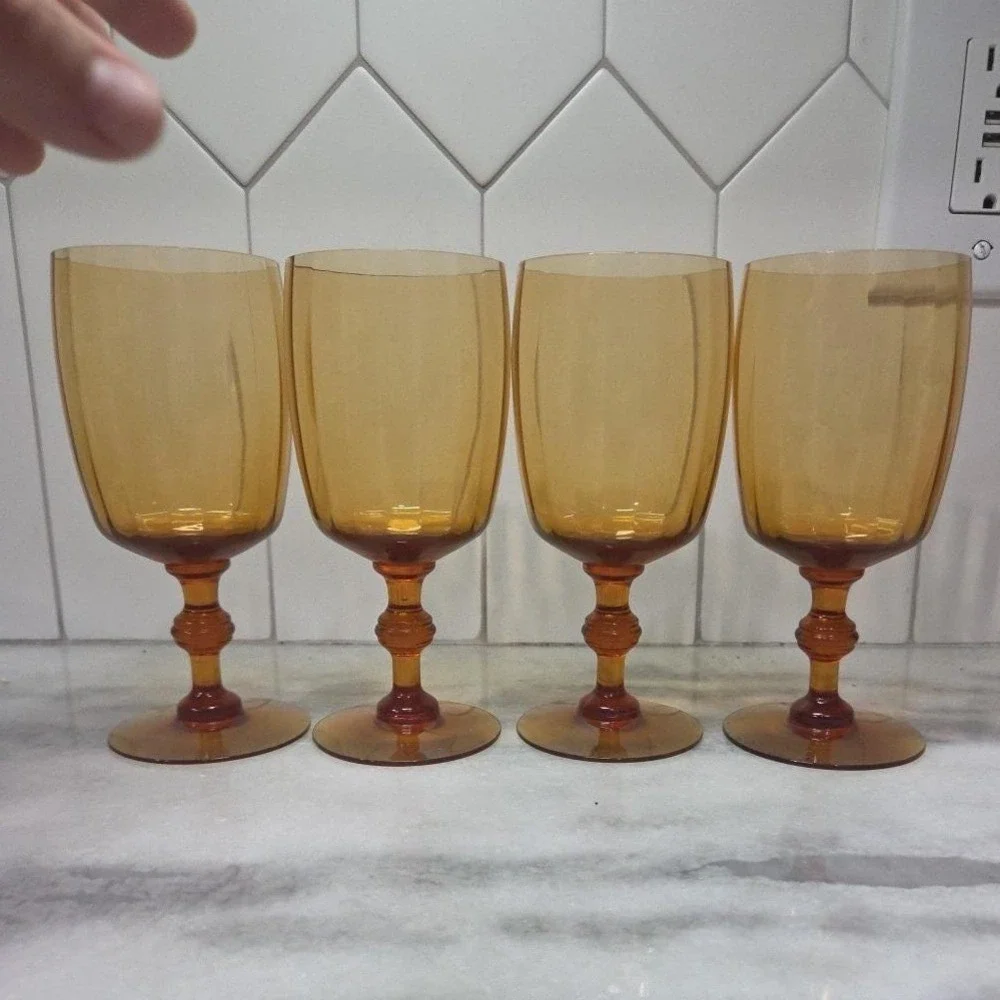 Amber Ribbed Optic Wine Glasses, Set of 4,‎ Vtg Stemware, Replacement Drinkware